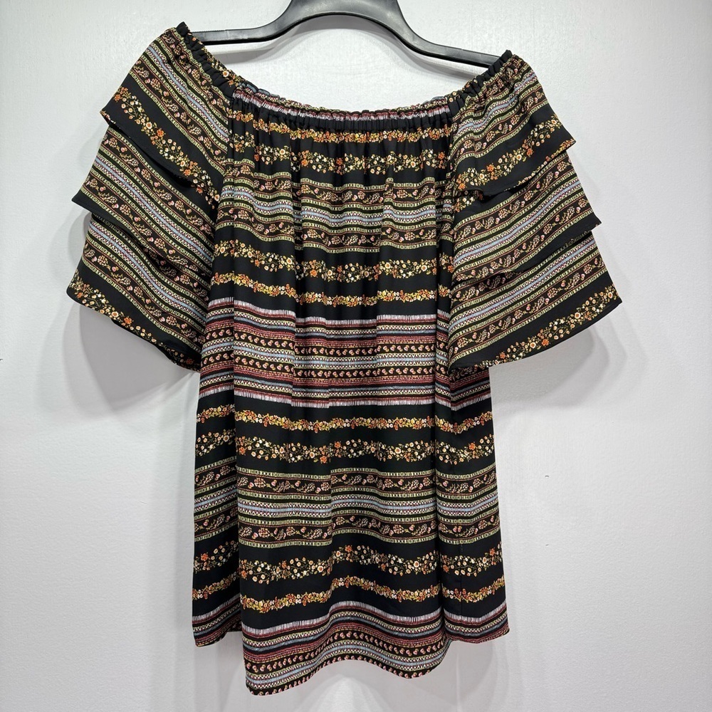 LOFT Off the Shoulder Boho Floral Short Ruffle Sleeve Blouse Women’s Size Small